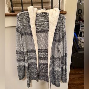Cozy Gray and Cream Hooded Cardigan